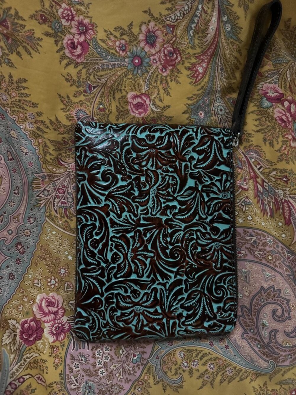 Patricia Nash Cassini Wristlet Tooled Turquoise Brown Leather